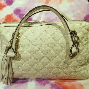 Calvin Klein Cream Quilted Leather Satchel with Tassel